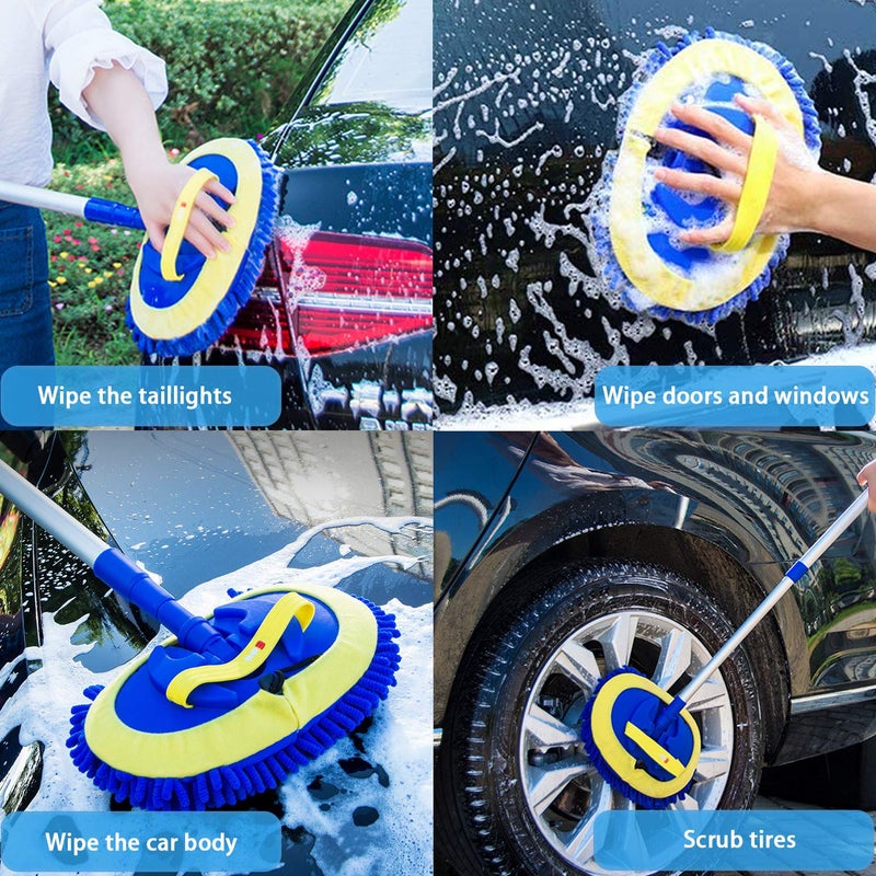 LeeLoon 2 in 1 Microfiber Car Wash Mop Mitt with 45" Aluminum Alloy Long Handle,Chenille Car Cleaning Kit Brush Duster with Scratch Free for Washing Car/Truck/RV,2 Mop Head and 1 Towels and Air Vent Duster - Image 3